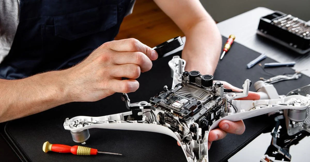 Technician using tools to repair a drone’s internal electronics on a workbench.